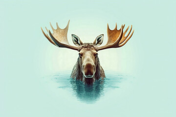 Graphic portrait of a moose in the water, generative ai