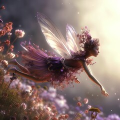 flying fairy with blonde hair and butterfly wings. Generative AI - obrazy, fototapety, plakaty
