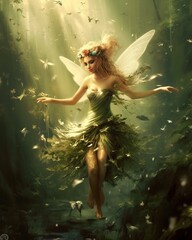 flying fairy with blonde hair and butterfly wings. Generative AI