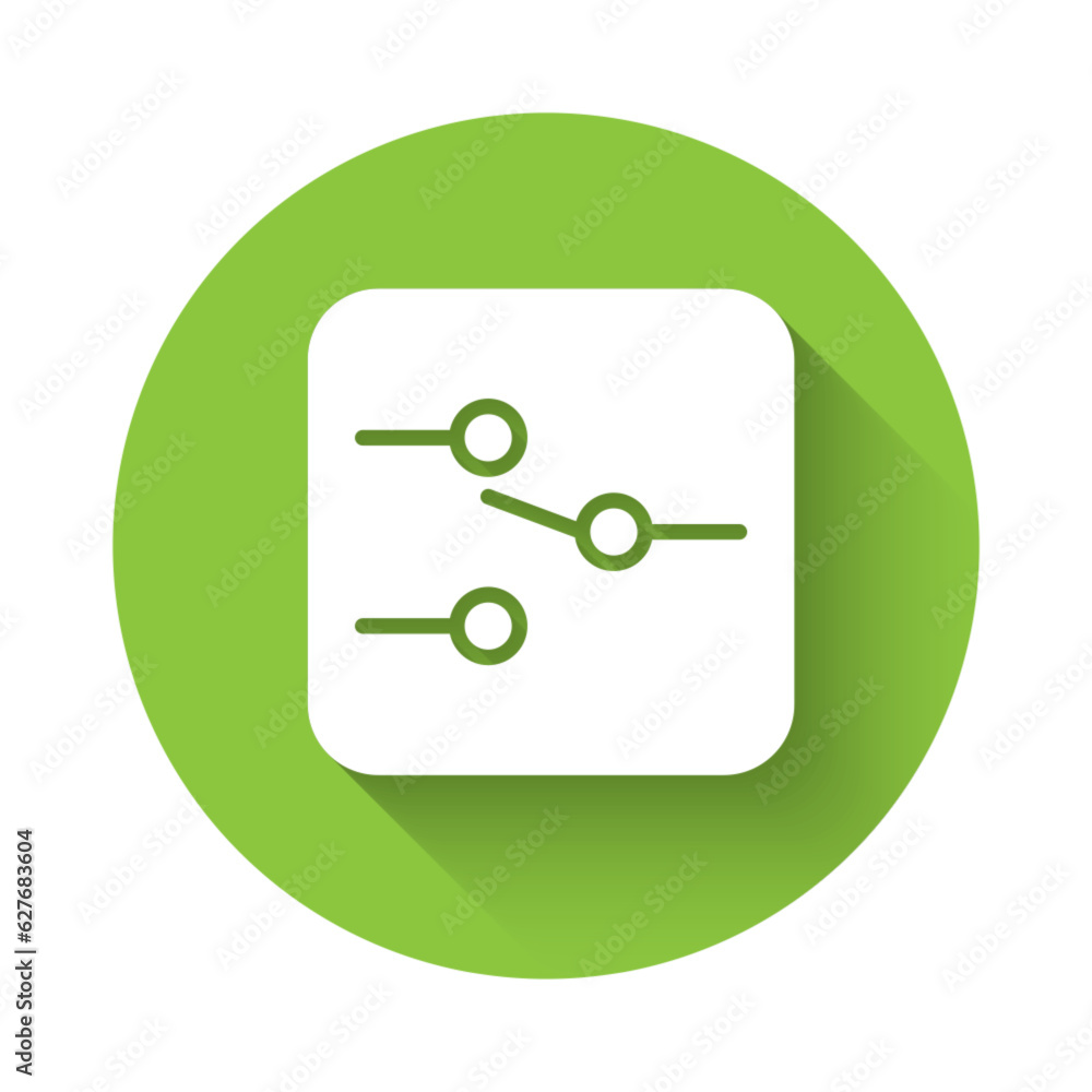 Poster white switch in electronic circuit icon isolated with long shadow background. green circle button. v