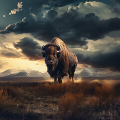 Bison in the Field Against Dark Stormy Clouds. European Bison. AI Generated