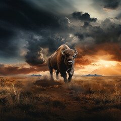 Bison in the Field Against Dark Stormy Clouds. European Bison. AI Generated