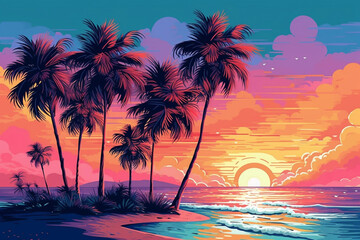 Graphic illustration of an island with palm trees at sunset, generative ai