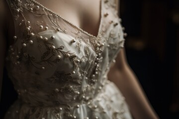 Close up of a white wedding dress with pearls.  Generative AI