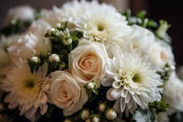 Obraz premium Close up of a white wedding bouquet of flowers. Generative AI