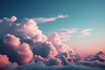 Clouds in the sky with a pink and blue gradient background. Generative AI