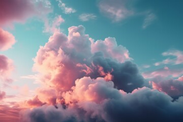 Clouds in the sky with a pink and blue gradient background. Generative AI