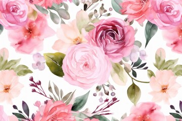 Pink flowers watercolor seamless patterns, pink roses background. Generative AI