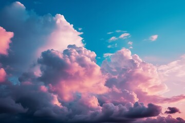 Clouds in the sky with a pink and blue gradient background. Generative AI