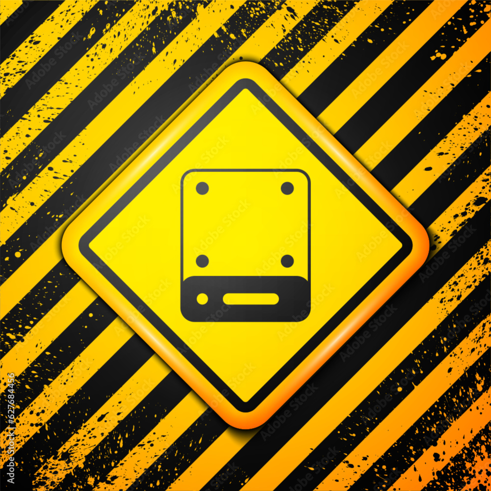 Poster black server, data, web hosting icon isolated on yellow background. warning sign. vector