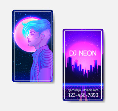 Futuristic synth wave style. Retroparty flyer template. Portrait of a young pretty androgynous woman with short shaved pixie undercut in retro futurism style. Vector illustration in neon bright color