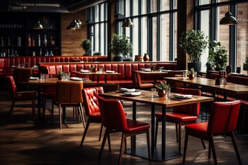 Fototapeta na wymiar Tables and chairs in a restaurant setting, Generative Ai