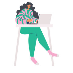 Woman working on laptop isolated on white background.