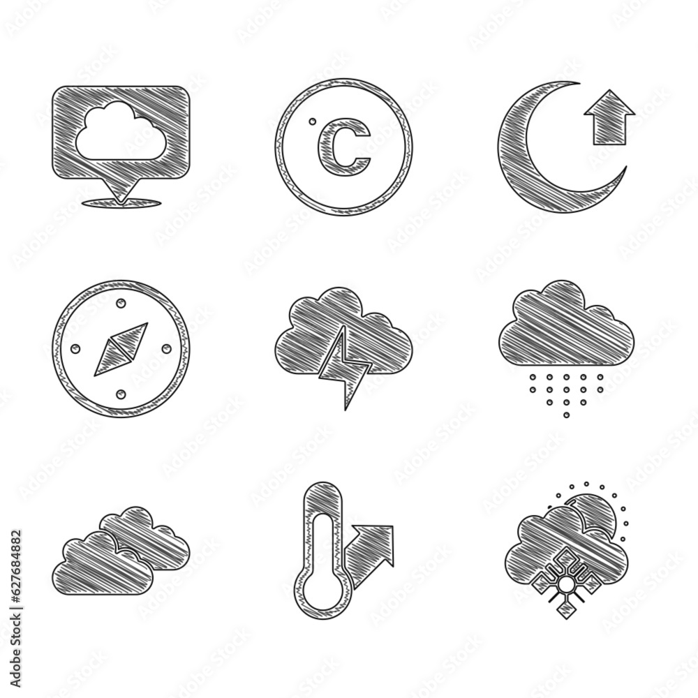 Sticker Set Storm, Meteorology thermometer, Cloud with snow and sun, rain, Compass, Moon and Location cloud icon. Vector