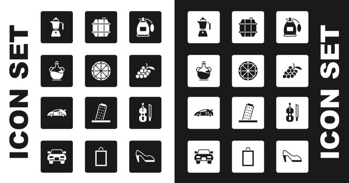 Set Perfume, Pizza, Bottle of olive oil, Coffee moca pot, Grape fruit, Barrel for wine, Violin and Sport racing car icon. Vector