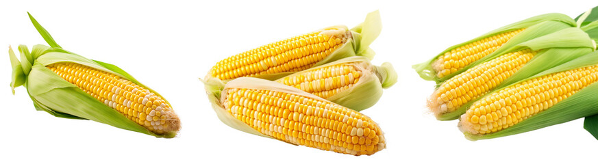 Farm corn. Corn close-up. Three corn. Isolated on a transparent background. KI.