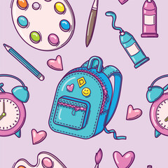 Bright seamless pattern with school supplies and creative elements in doodle style on lilac background. Back to school background