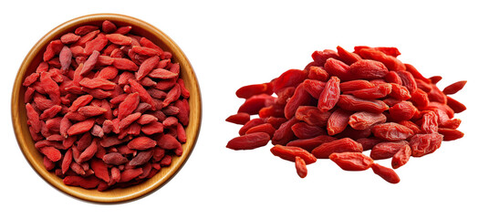 Goji berries in a bowl. Bunch of goji berries. Goji set. Isolated on a transparent background. KI.