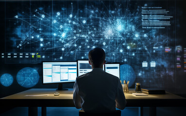 Data science and big data technology. Scientist computing, analysing and visualizing complex data set on computer. Data mining, artificial intelligence, machine learning, business analytics.