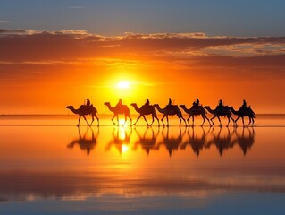 Fototapeta na wymiar Camels silhouette on the salt lake at sunrise generative ai