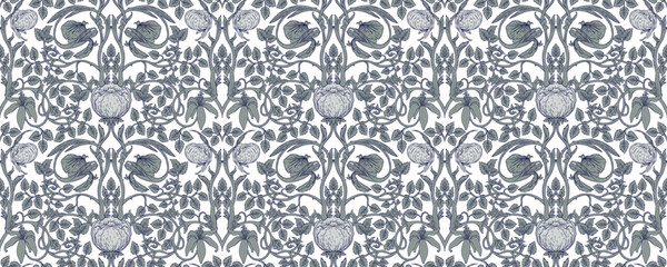 Floral vintage seamless pattern for retro wallpapers. Enchanted Vintage Flowers. Arts and Crafts movement inspired. Design for wrapping paper, wallpaper, fabrics and fashion clothes.