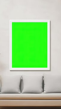 Frames on the wall green screen. Vertical video