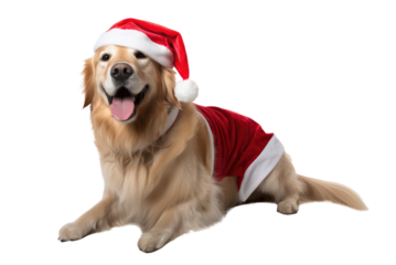 Dog wearing a santa hat png, christmas concept, transparent background, golden retriever, isolated on white