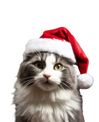 cat portrait wearing a santa hat png, christmas concept, transparent background, isolated on white