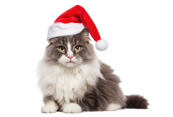 cat wearing a santa hat png, christmas concept, transparent background, full body, isolated on white