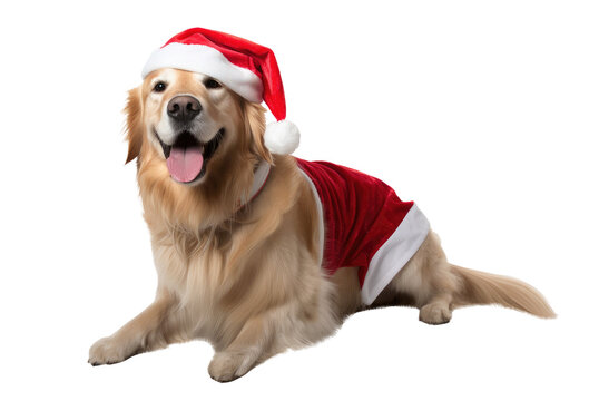 Dog Wearing A Santa Hat Png, Christmas Concept, Transparent Background, Golden Retriever, Isolated On White