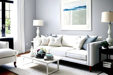 living room with white sofa. Generative AI