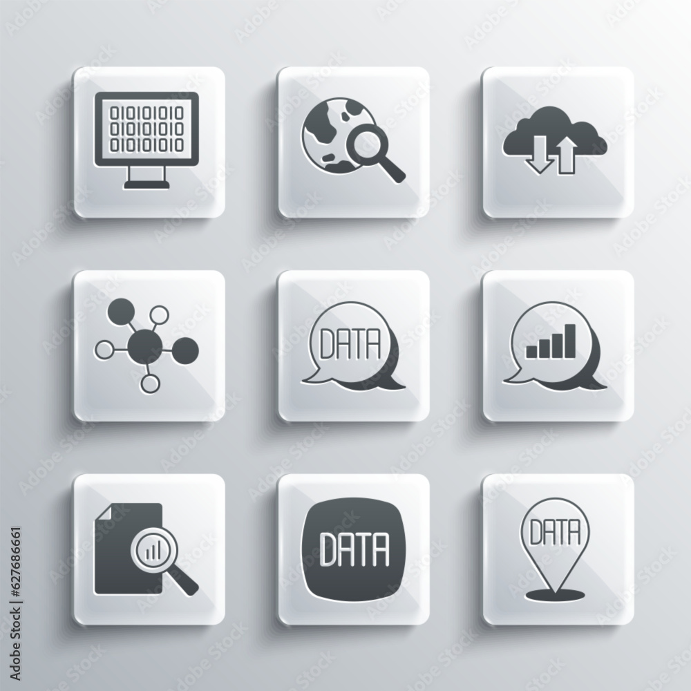 Aufkleber set data analysis, pie chart infographic, document with, mind map, binary code and cloud download an