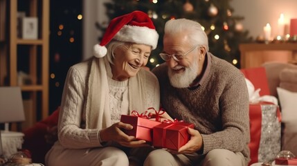 Obraz na płótnie Canvas Senior couple in front of Christmas tree with presents. Generative AI