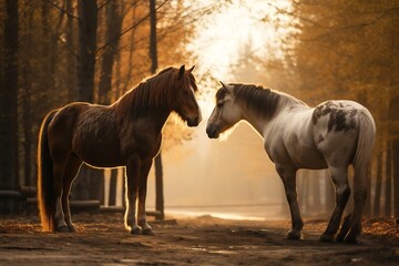 Stallion and mare horses in love, nose to nose, Generative Ai