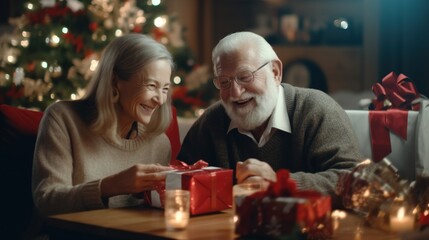 Senior couple in front of Christmas tree with presents. Generative AI