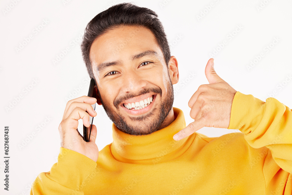 Poster man, phone call and hand sign with a smile in studio for flirting or communication portrait. face of