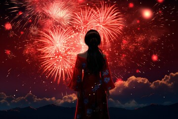 Sky of fireworks with woman watching at it. Beautiful illustration picture. Generative AI