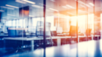 office business background, banner for advertising. Blurred in bokeh with sun glare office center, office, study. AI generation