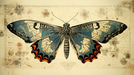 Vintage butterfly illustration print on Grunge background