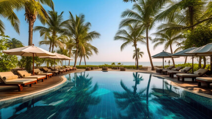 Fototapeta na wymiar Stunning Beach Resort Pool and Lounge Chairs