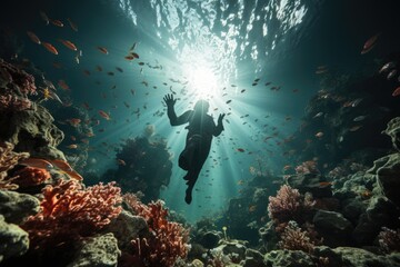 In the Depths": Immersive Underwater Photography Captures the Enchanting Dance of a Scuba Diver's Hands Amongst Vibrant Coral Reefs and Marine Life, Celebrating the Ocean's Untold Beauty Generative AI