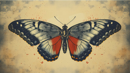 Vintage butterfly illustration print on Grunge background
