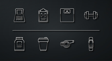 Set line Weight, Sports nutrition, Dumbbell, Whistle, Fitness shaker, training program, Smartwatch and Bathroom scales icon. Vector