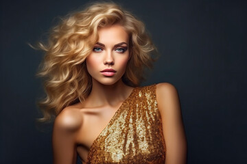 Naklejka premium Curly Hair, Sequins, and Style: Fashion Model on Dark Gray
