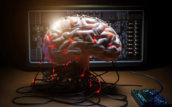 AI training concept of a human brain full with input, shows multiple colors and action
