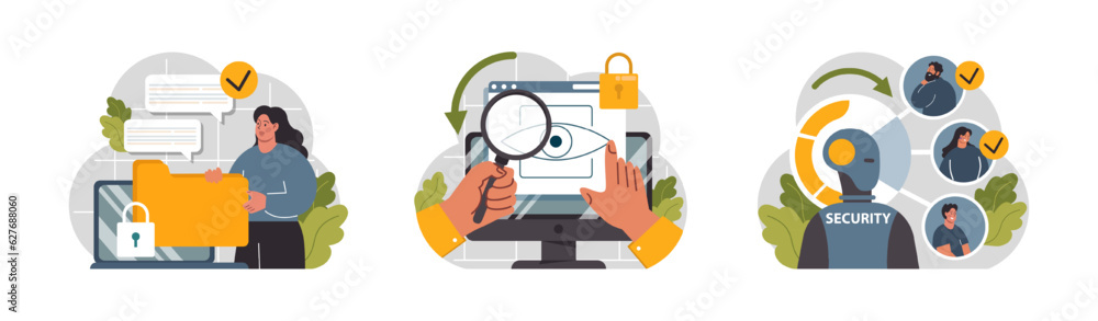 Poster cyber or web security set. artificial intelligence provide data protection
