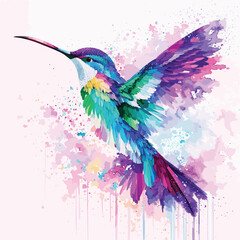 Fototapeta premium A hummingbird hovering in the air, its feathers painted in a dreamy watercolor palette.