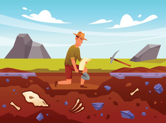 Vector archaeologist with excavation cartoon illustration
