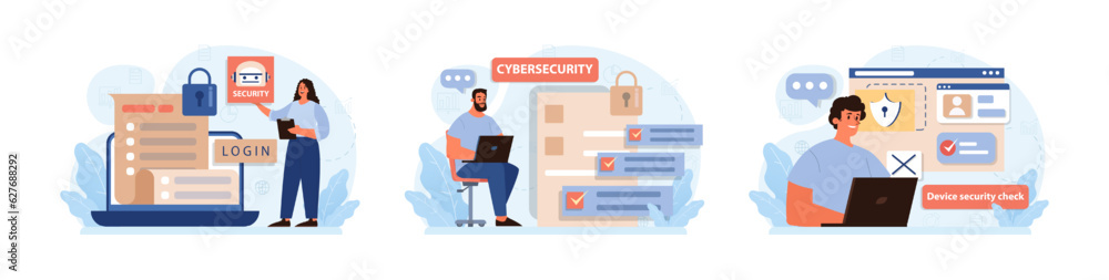 Poster cyber or web security set. artificial intelligence provide data protection