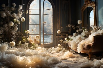 Fashion dramatic surreal futuristic photography of vintage style floral room with sea flowing in through the window.